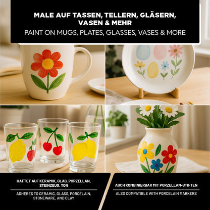 Mit LM Kreativ Keramik- und Porzellanfarbe gestaltete Tassen, Teller, Gläser und Vase mit bunten Blumen- und Fruchtmotiven