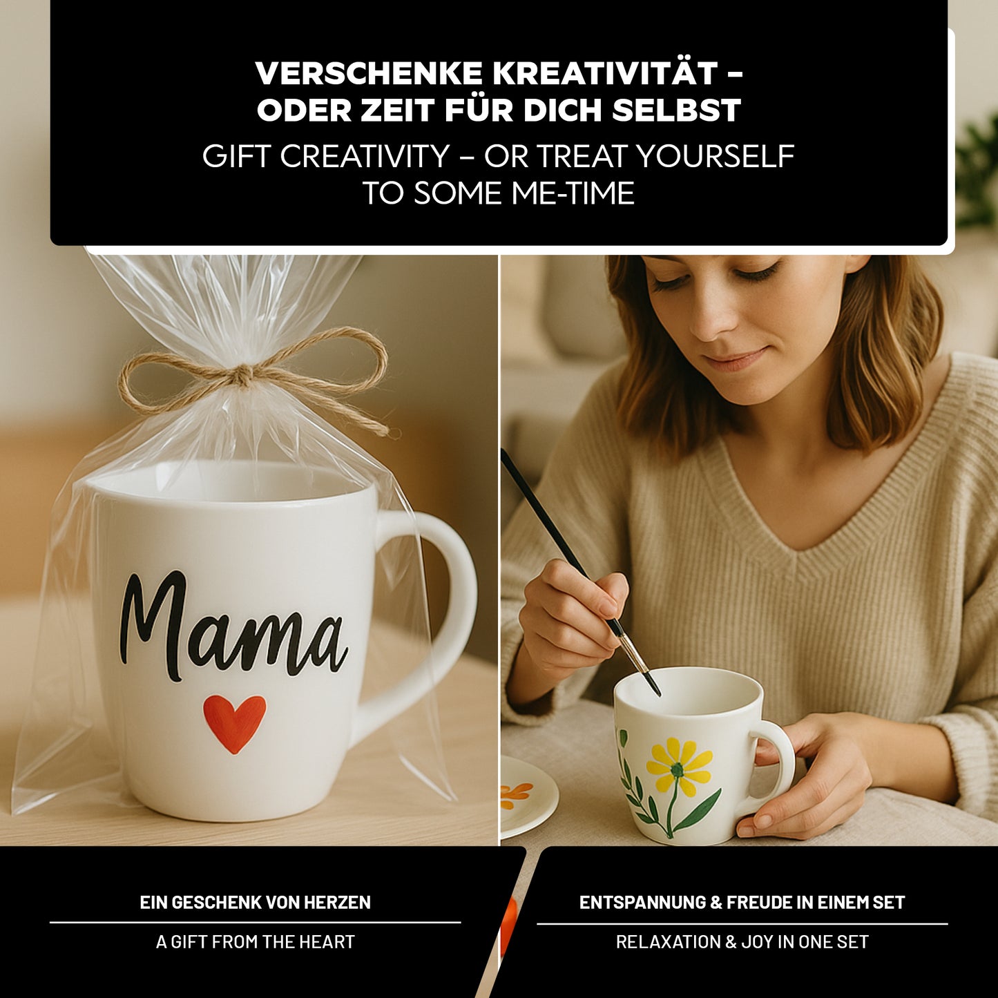 LM Kreativ Keramik- und Porzellanfarbe Set als Geschenkidee mit individuell bemalter Tasse und kreativer Anwendung