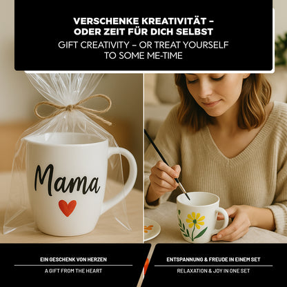 LM Kreativ Keramik- und Porzellanfarbe Set als Geschenkidee mit individuell bemalter Tasse und kreativer Anwendung