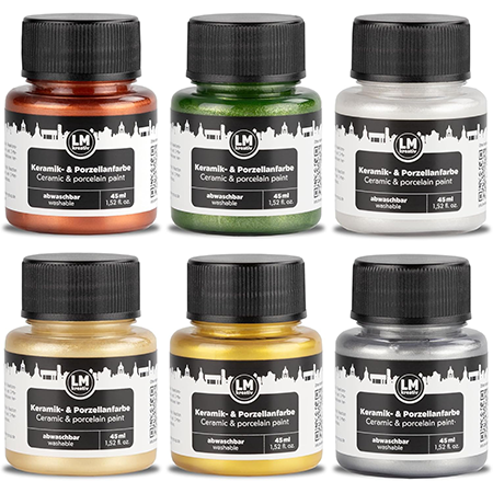 LM Kreativ Keramik- und Porzellanfarbe Set Metallic Magic mit metallischen Farbtönen in 45 ml Gläsern für glänzende Effekte auf Porzellan und Glas