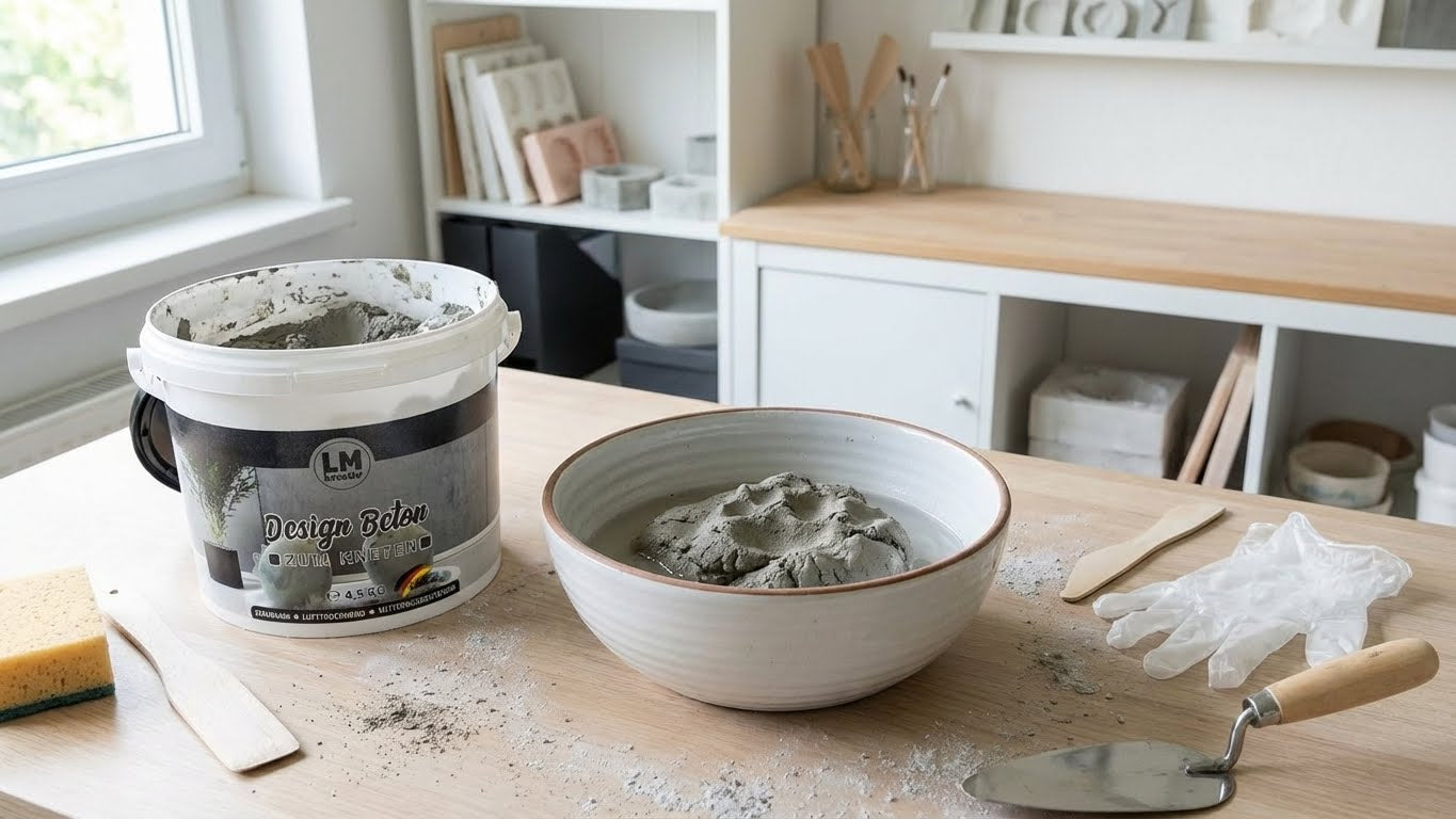 LM Kreativ Knetbeton in einer Schale angerührt neben Eimer, Handschuhen und Werkzeug auf einem Basteltisch.