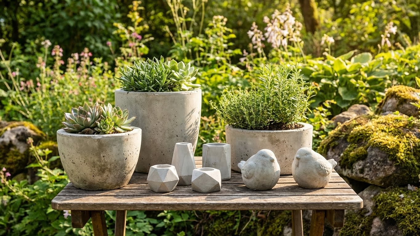 Mit LM Kreativ Knetbeton gefertigte Blumentöpfe und Dekoobjekte auf einem Holztisch im Garten arrangiert.