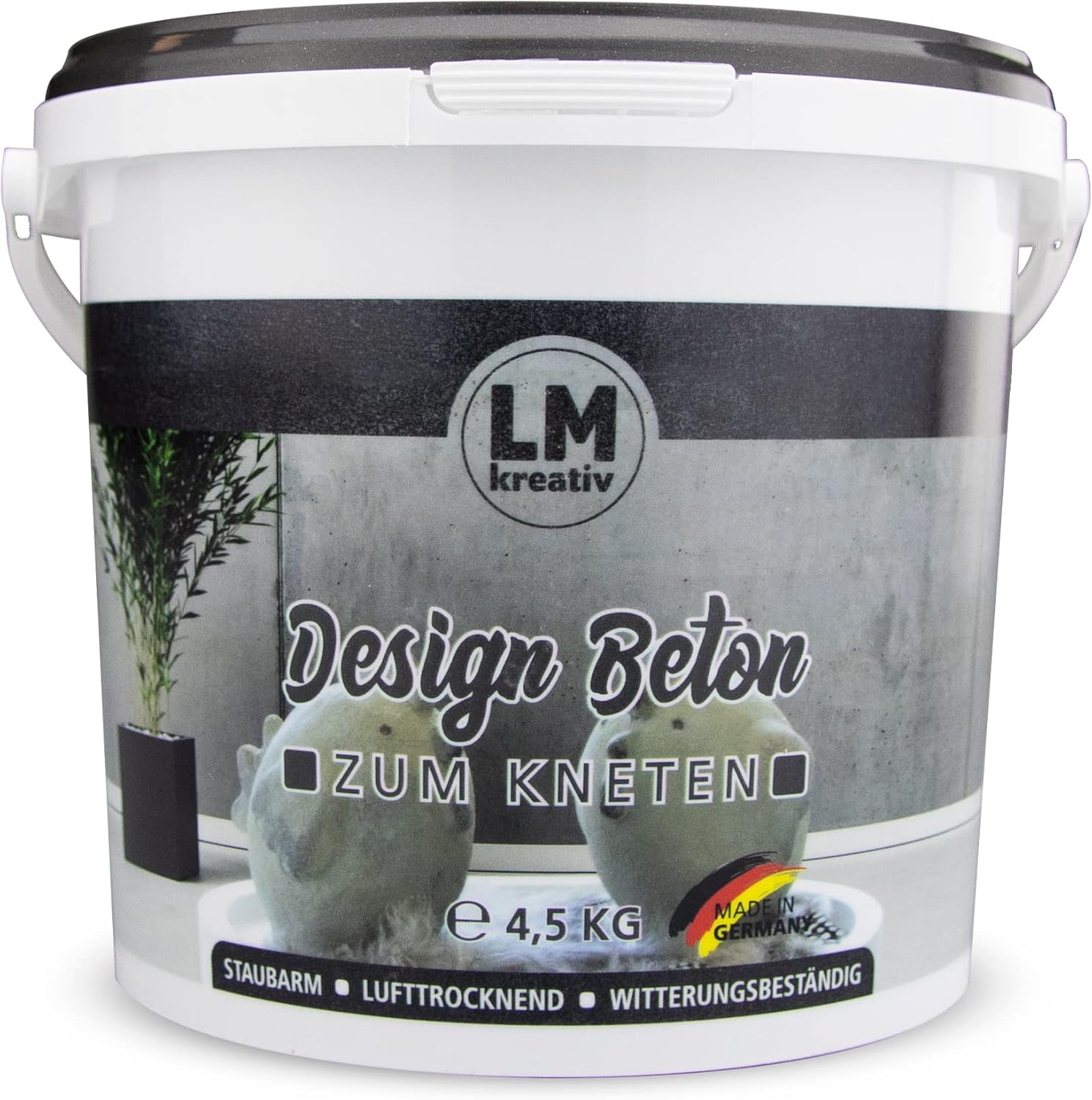 LM Kreativ Knetbeton im 4,5 kg Eimer mit Produktetikett und Anwendungsbeispielen auf der Verpackung.