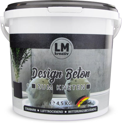 LM Kreativ Knetbeton im 4,5 kg Eimer mit Produktetikett und Anwendungsbeispielen auf der Verpackung.