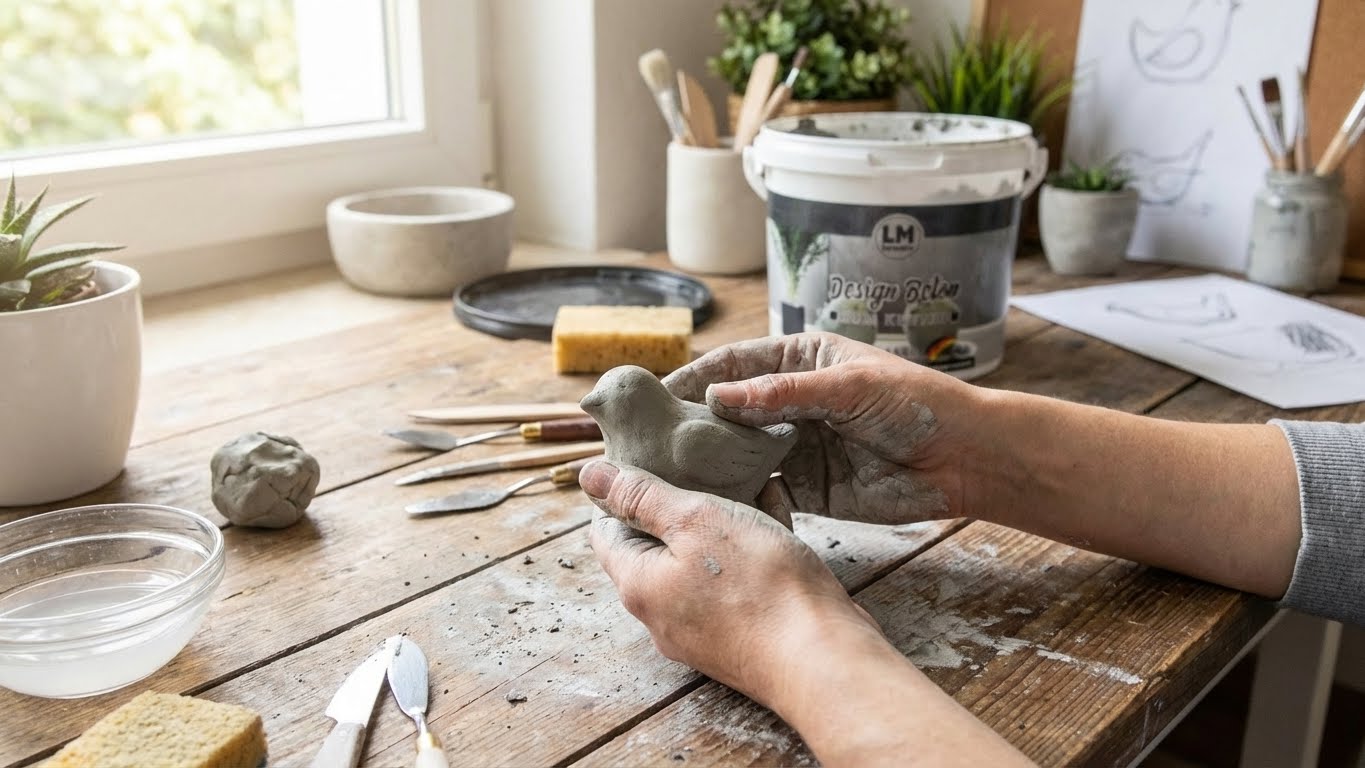 Hände modellieren eine Vogelfigur aus LM Kreativ Knetbeton an einem Arbeitsplatz mit Werkzeugen und Material.