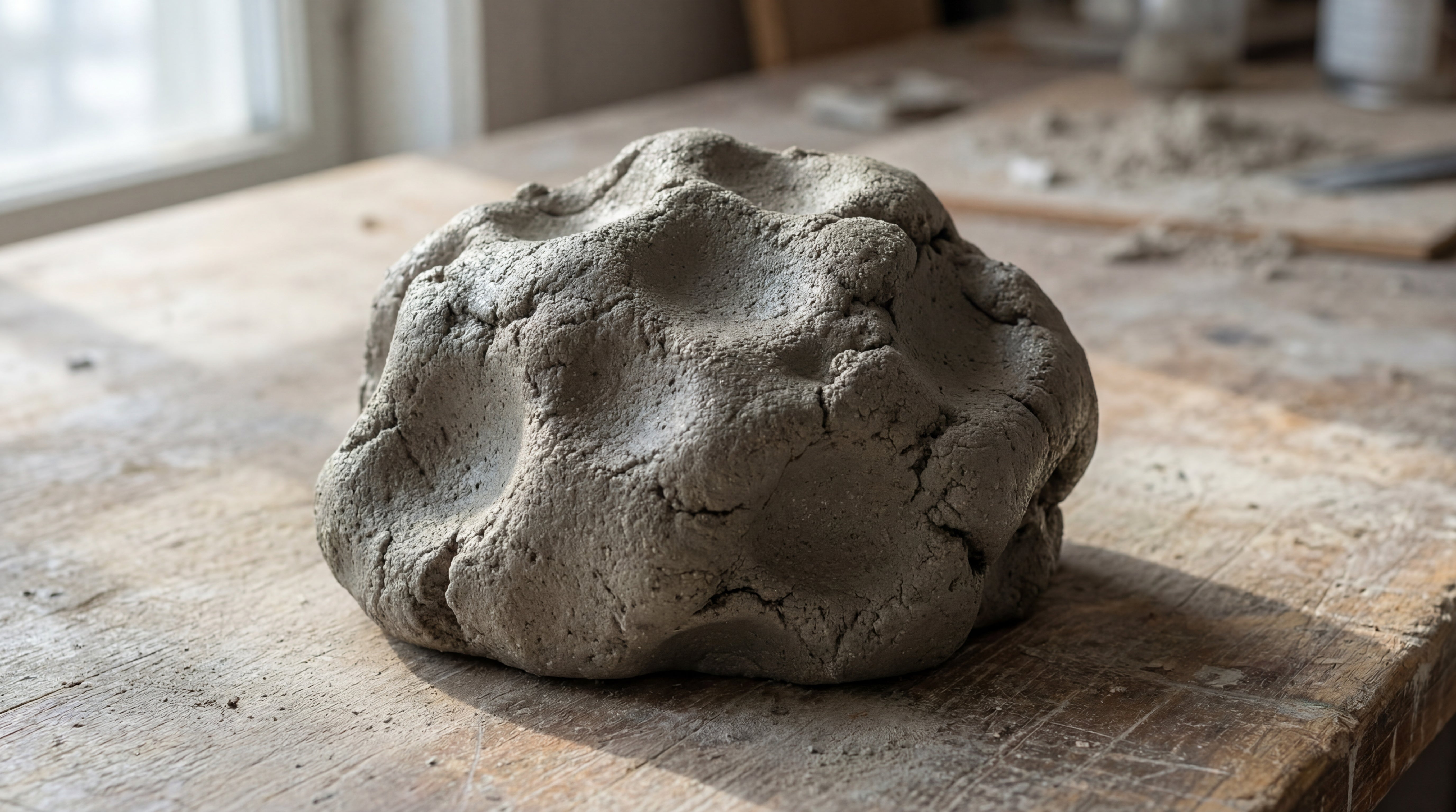 Nahaufnahme eines Klumpens LM Kreativ Knetbeton in roher, knetbarer Konsistenz auf einer Holzoberfläche.