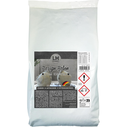 LM Kreativ Knetbeton als 18 kg Sack mit Produktinformationen und Gefahrenhinweisen auf dem Etikett.