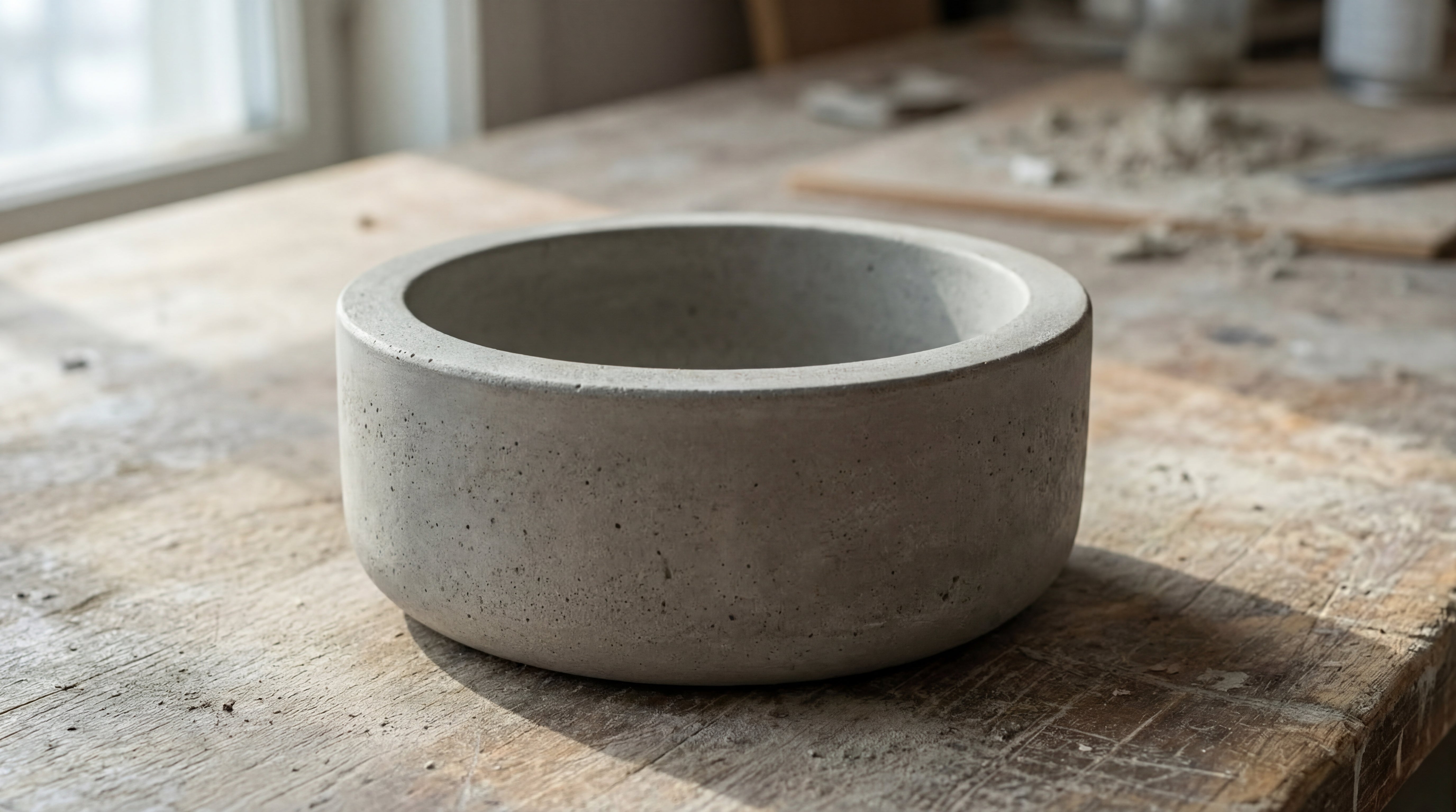 Mit LM Kreativ Knetbeton gefertigte schlichte Betonschale in glatter, ausgehärteter Ausführung auf Holztisch.