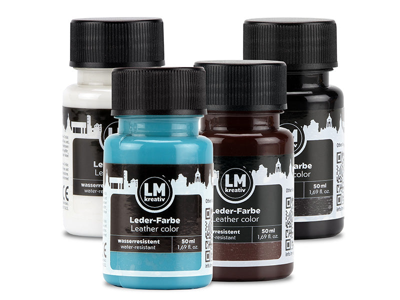 Mehrere 50ml-Flaschen LM Kreativ Lederfarbe in verschiedenen Farben.