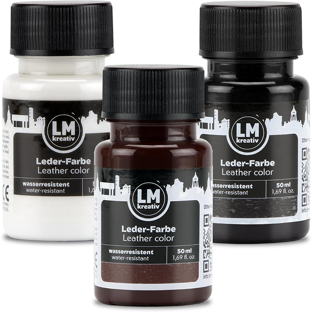 Set aus drei LM Kreativ Lederfarben 50 ml in Weiß, Braun und Schwarz für Reparatur und Farbauffrischung.