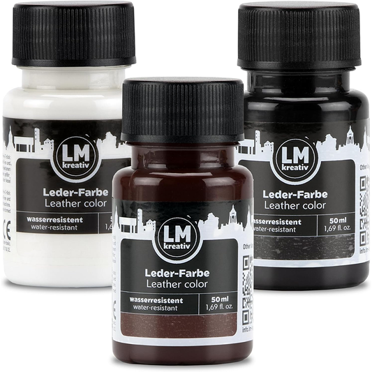 Set aus drei LM Kreativ Lederfarben 50 ml in Weiß, Braun und Schwarz für Reparatur und Farbauffrischung.