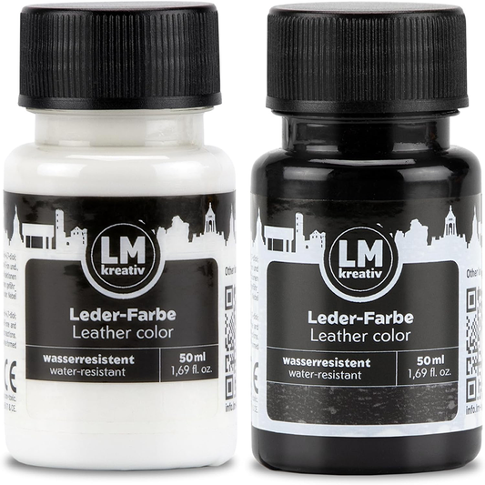 Zwei Flaschen LM Kreativ Lederfarbe 50 ml in Weiß und Schwarz – wasserfeste Lederfarbe mit hoher Deckkraft.