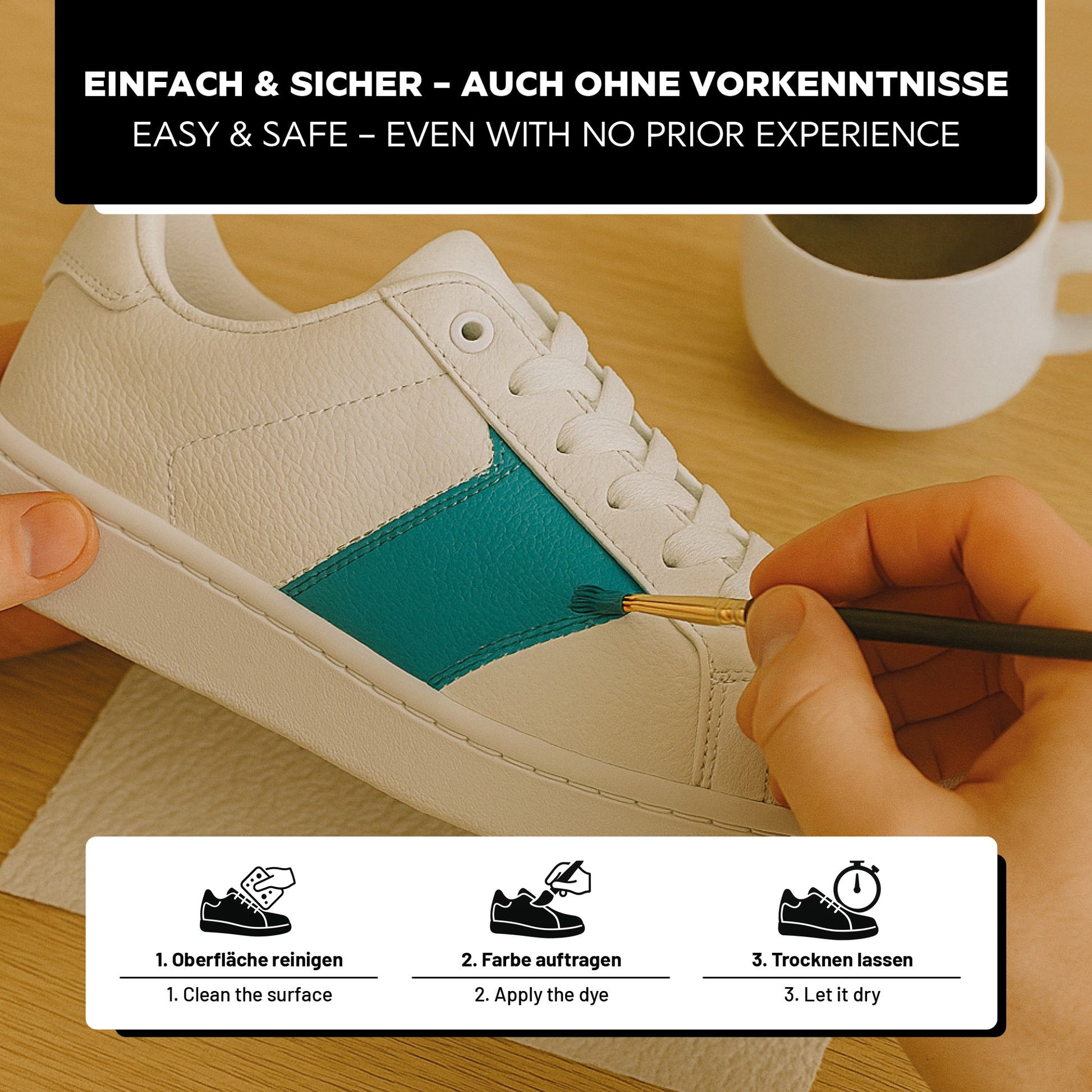 Schritt-für-Schritt-Anwendung der Lederfarbe auf einem Sneaker – reinigen, auftragen, trocknen lassen.