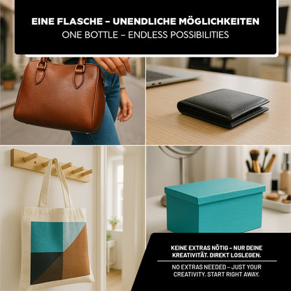 Anwendungsbeispiele der LM Kreativ Lederfarbe auf Handtasche, Geldbörse, Stofftasche und Holzbox.