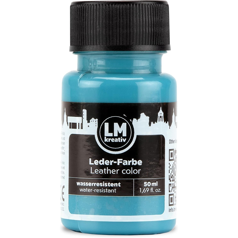 Blaue 50 ml Flasche LM Kreativ Lederfarbe mit schwarzem Schraubverschluss und Produktlabel.