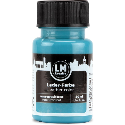 Blaue 50 ml Flasche LM Kreativ Lederfarbe mit schwarzem Schraubverschluss und Produktlabel.