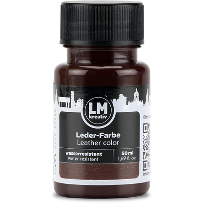 Braune 50 ml Flasche LM Kreativ Lederfarbe mit schwarzem Deckel und Etikett auf neutralem Hintergrund.