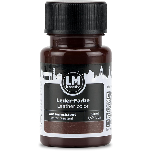 Braune 50 ml Flasche LM Kreativ Lederfarbe mit schwarzem Deckel und Etikett auf neutralem Hintergrund.