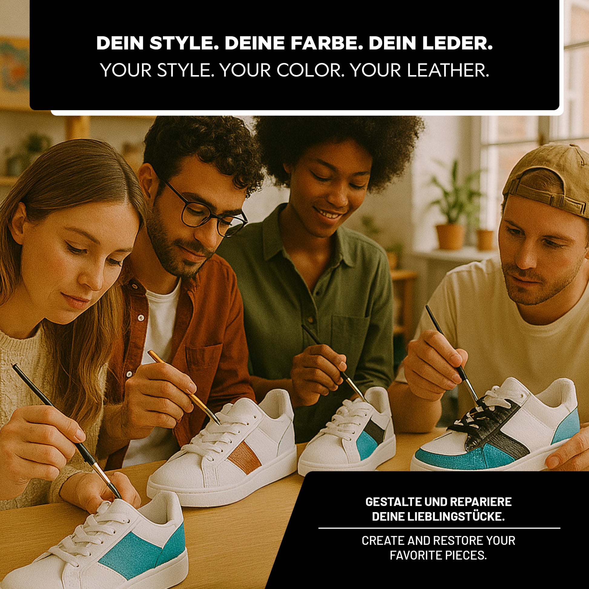 DIY-Anwendung der LM Kreativ Lederfarbe beim Bemalen von weißen Ledersneakern.