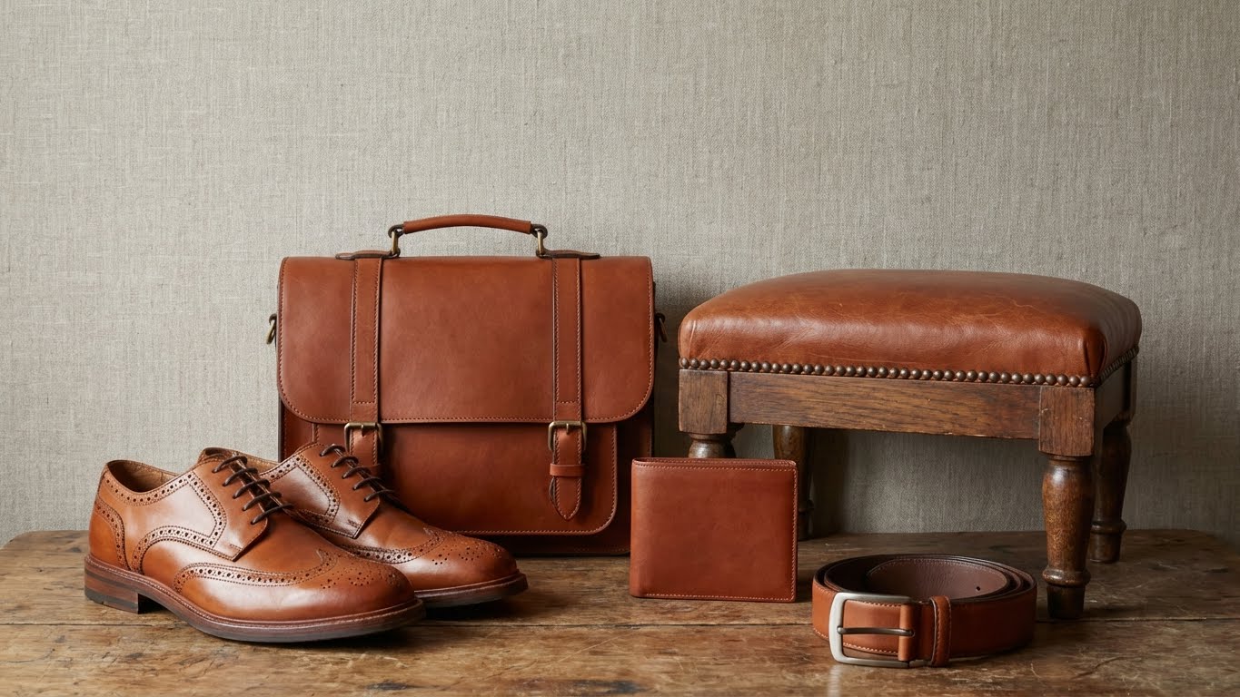 Schuhe, Tasche, Gürtel und Geldbörse als Anwendungsbeispiele.