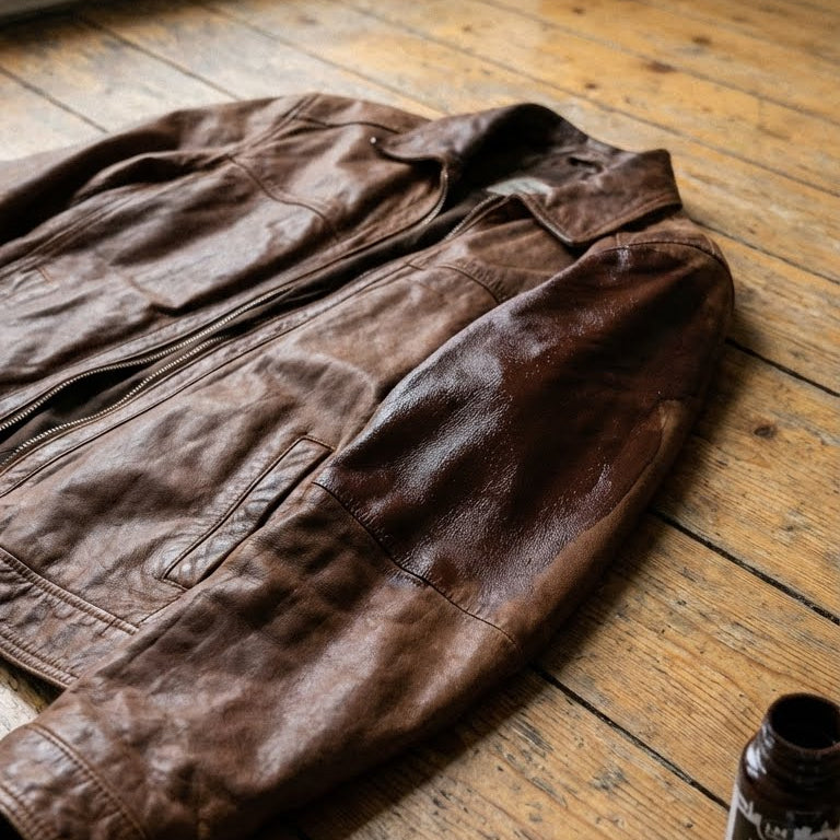 Braune Lederjacke mit sichtbarer Farbauffrischung.