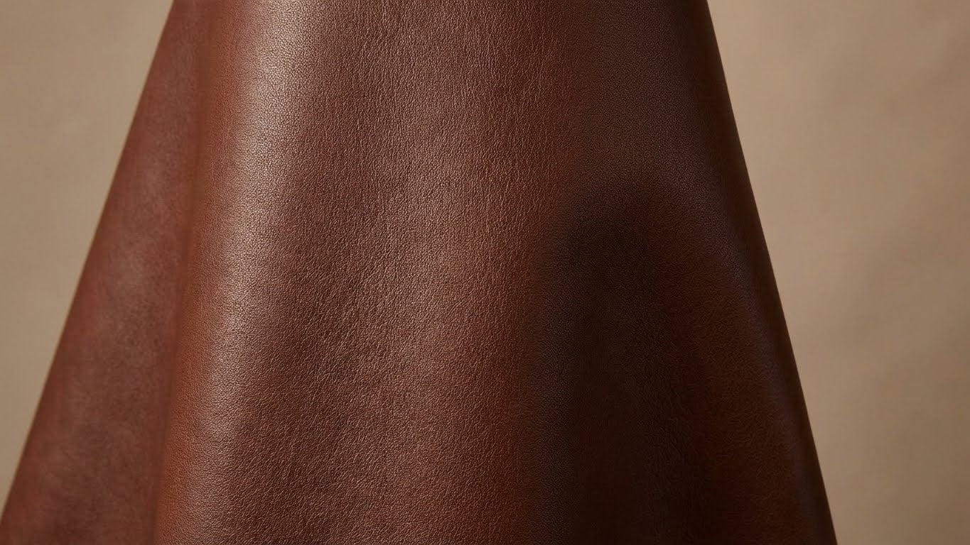 Detailaufnahme einer gleichmäßig gefärbten braunen Lederoberfläche.