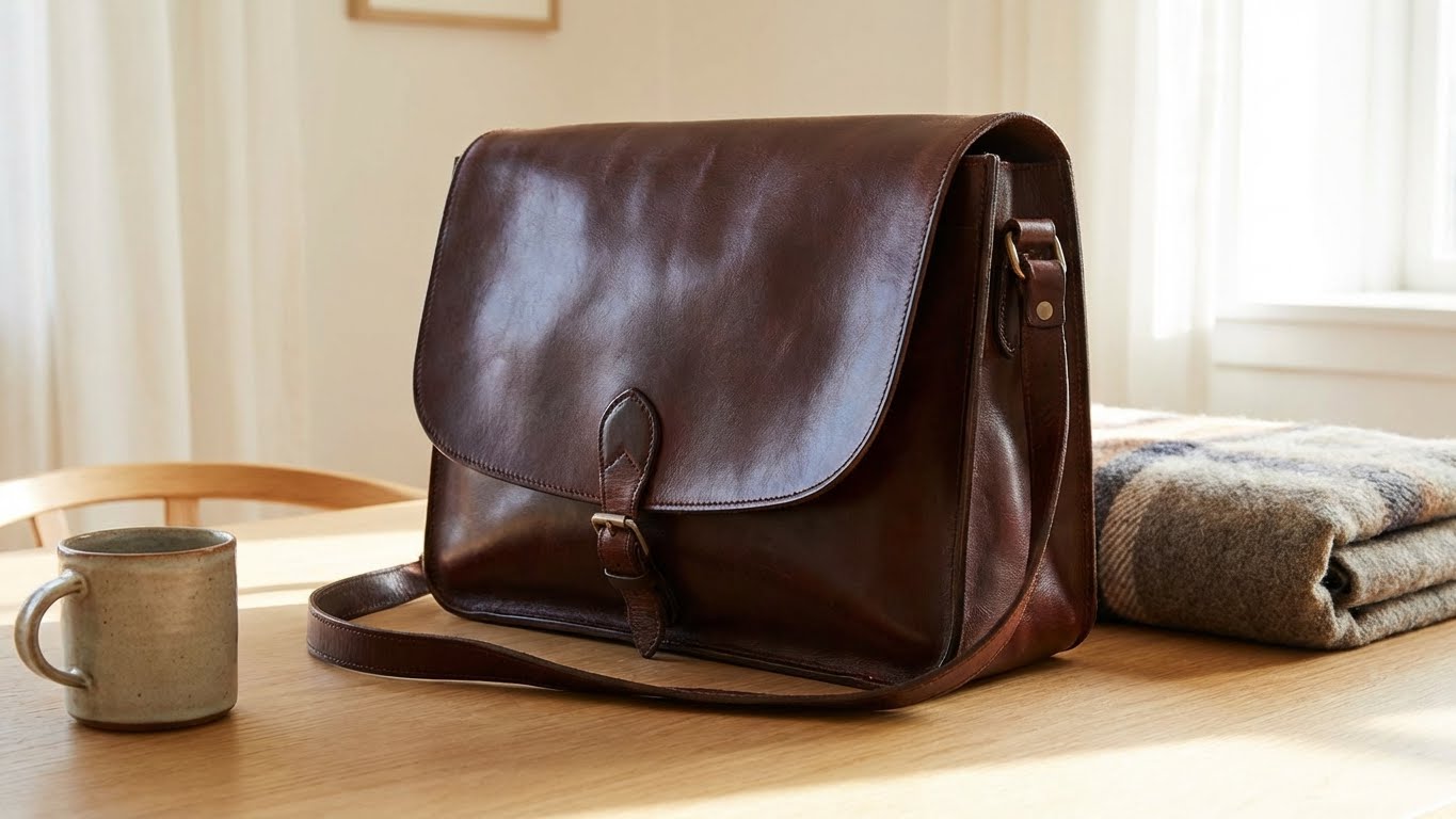 Braune Ledertasche auf Tisch im Wohnambiente.
