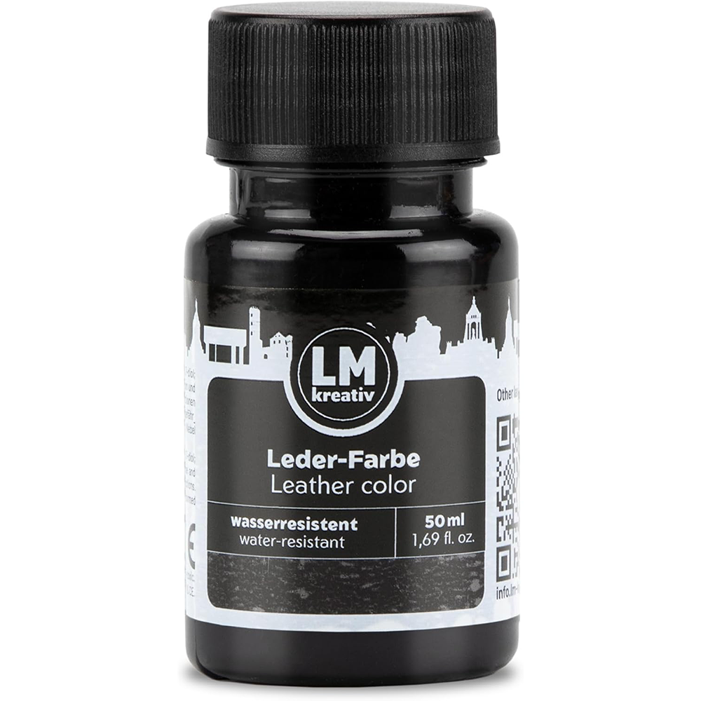 Schwarze 50 ml Flasche LM Kreativ Lederfarbe mit Schraubverschluss und Produktetikett auf hellem Hintergrund.