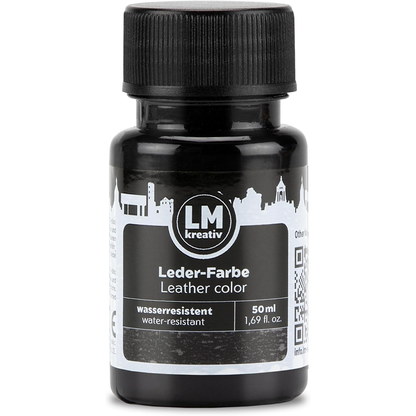 Schwarze 50 ml Flasche LM Kreativ Lederfarbe mit Schraubverschluss und Produktetikett auf hellem Hintergrund.