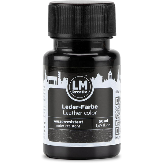 Schwarze 50 ml Flasche LM Kreativ Lederfarbe mit Schraubverschluss und Produktetikett auf hellem Hintergrund.