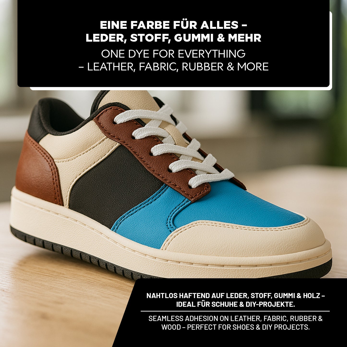 Mehrfarbig gestalteter Ledersneaker mit LM Kreativ Lederfarbe – ideal für kreative DIY-Projekte.