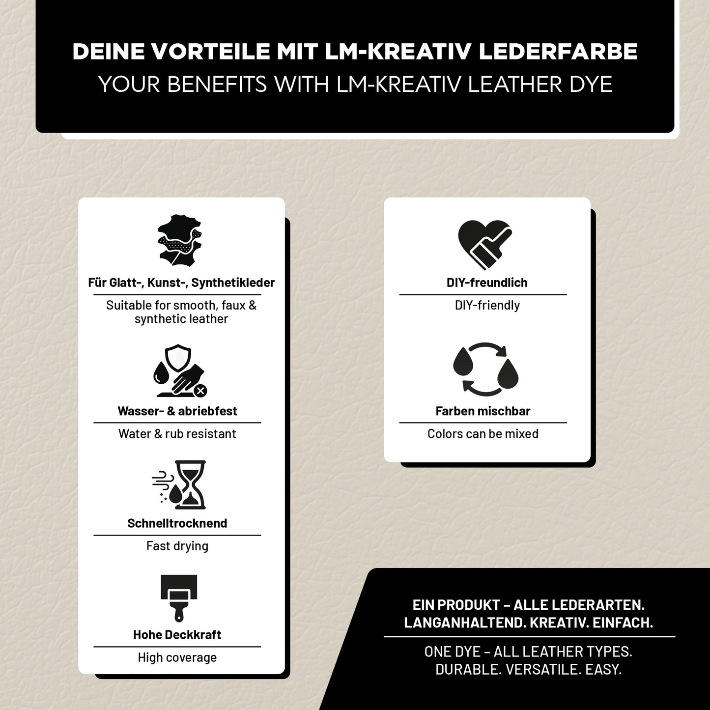 Vorteile der LM Kreativ Lederfarbe – wasserfest, abriebfest, schnell trocknend und hohe Deckkraft.