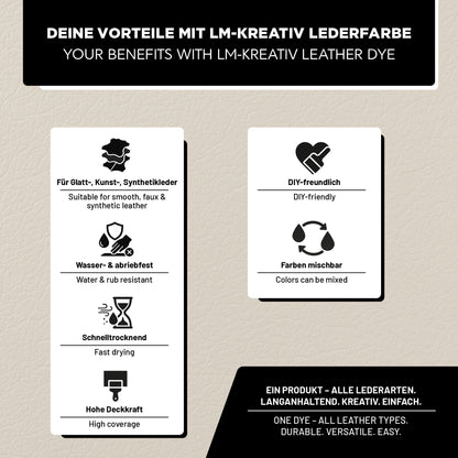 Vorteile der LM Kreativ Lederfarbe – wasserfest, abriebfest, schnell trocknend und hohe Deckkraft.