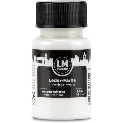 Weiße 50 ml Flasche LM Kreativ Lederfarbe mit schwarzem Deckel und wasserresistentem Hinweis auf dem Etikett.