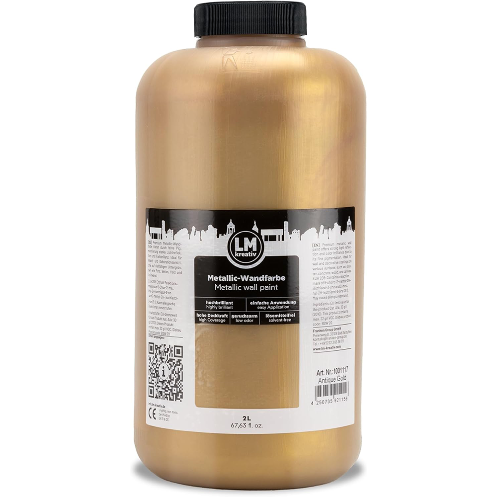 Produktabbildung der LM Kreativ Metallic Wandfarbe in Antique Gold mit 2 Litern Inhalt in großer Kunststoffflasche mit schwarzem Schraubdeckel.