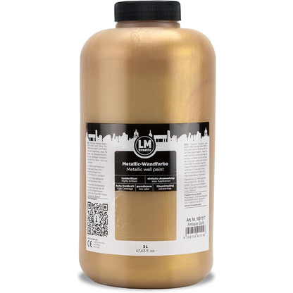 Produktabbildung der LM Kreativ Metallic Wandfarbe in Antique Gold mit 2 Litern Inhalt in großer Kunststoffflasche mit schwarzem Schraubdeckel.