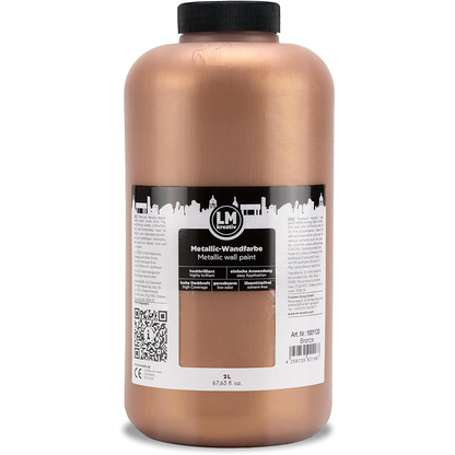Produktabbildung der LM Kreativ Metallic Wandfarbe in Bronze mit 2 Litern Inhalt in großer Kunststoffflasche mit schwarzem Schraubdeckel.