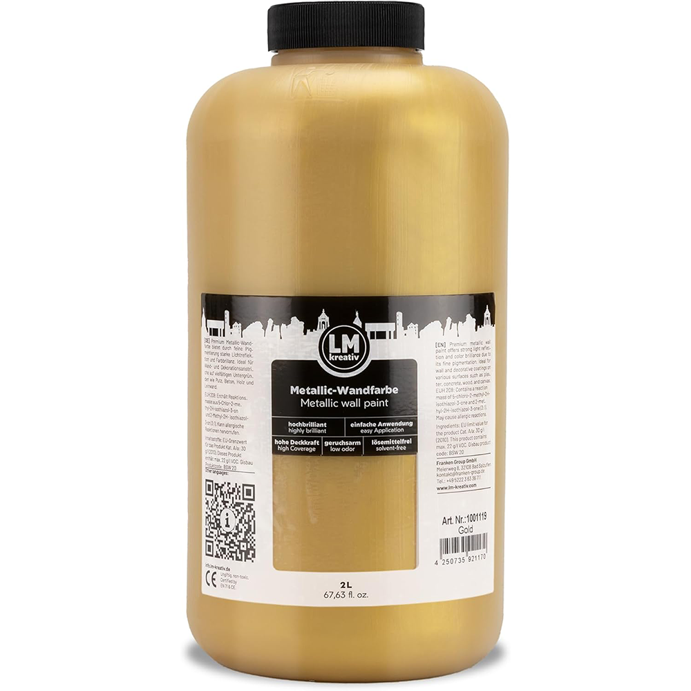 Produktabbildung der LM Kreativ Metallic Wandfarbe in Gold mit 2 Litern Inhalt in großer Kunststoffflasche mit schwarzem Schraubdeckel.