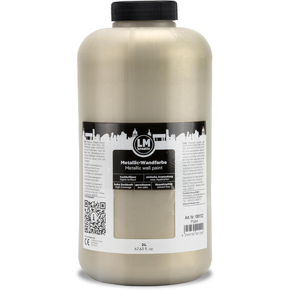Produktabbildung der LM Kreativ Metallic Wandfarbe in Platinum mit 2 Litern Inhalt in großer Kunststoffflasche mit schwarzem Schraubdeckel.