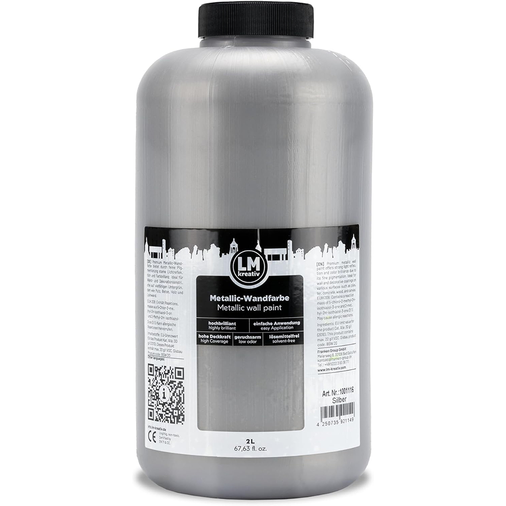 Produktabbildung der LM Kreativ Metallic Wandfarbe in Silber mit 2 Litern Inhalt in großer Kunststoffflasche mit schwarzem Schraubdeckel.