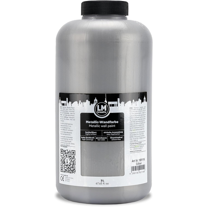 Produktabbildung der LM Kreativ Metallic Wandfarbe in Silber mit 2 Litern Inhalt in großer Kunststoffflasche mit schwarzem Schraubdeckel.
