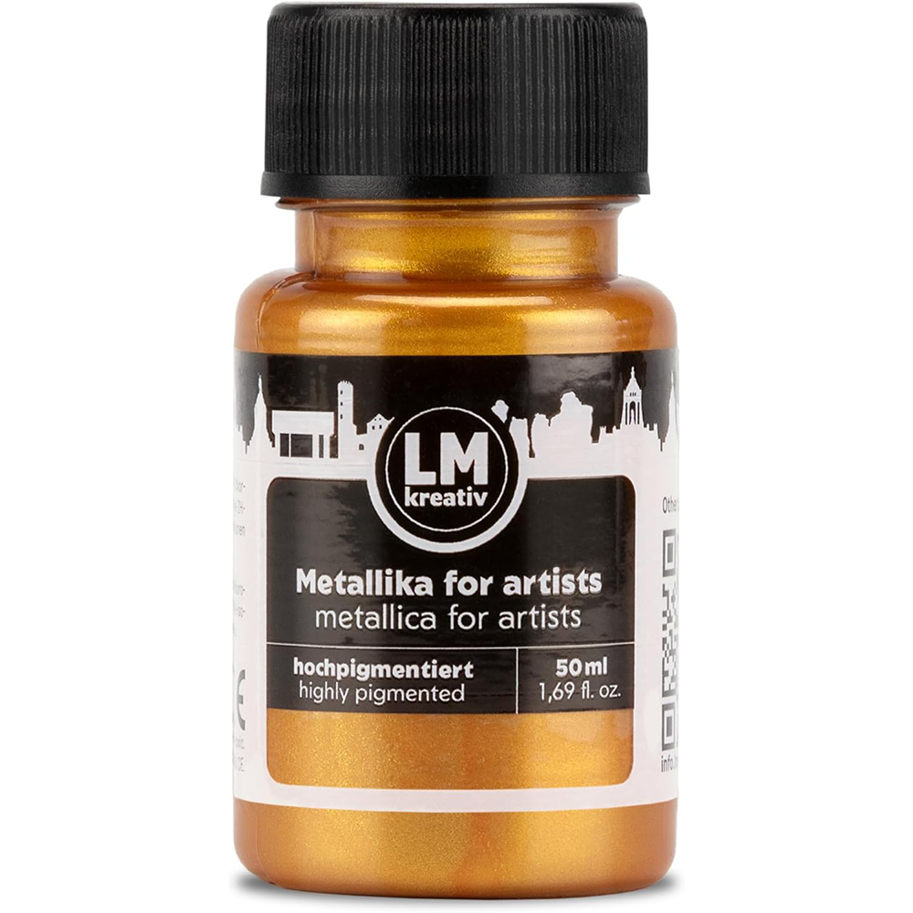 LM Kreativ Metallika for Artists Metallic-Acrylfarbe in Brilliant Gold, 50 ml Flasche, hochpigmentiert mit strahlendem goldenen Metallic-Finish fuer dekorative Akzente