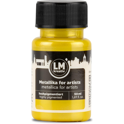 LM Kreativ Metallika for Artists Metallic-Acrylfarbe in Gelb, 50 ml Flasche, hochpigmentiert mit leuchtendem gelbem Metallic-Effekt fuer kreative Projekte