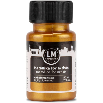LM Kreativ Metallika for Artists Metallic-Acrylfarbe in Gold, 50 ml Flasche, hochpigmentiert mit klassischem goldfarbenem Metallic-Finish fuer vielseitige Gestaltungen