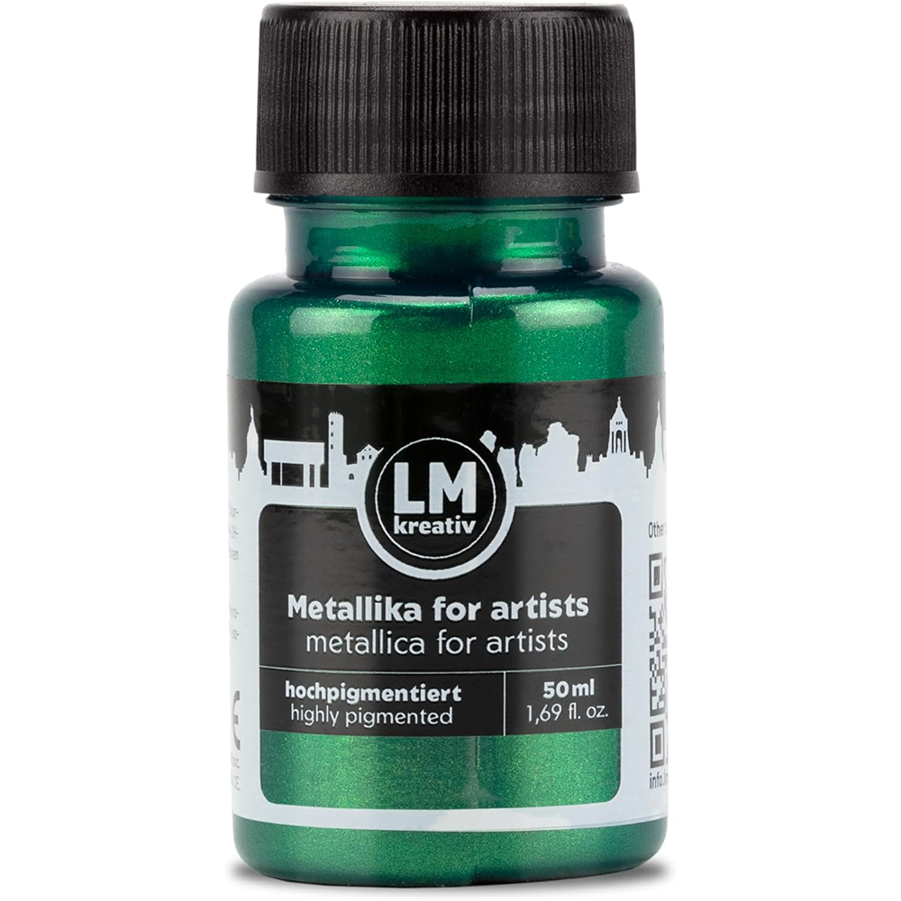 LM Kreativ Metallika for Artists Metallic-Acrylfarbe in Gruen, 50 ml Flasche, hochpigmentiert mit schimmerndem gruenem Metallic-Effekt fuer dekorative Oberflaechen