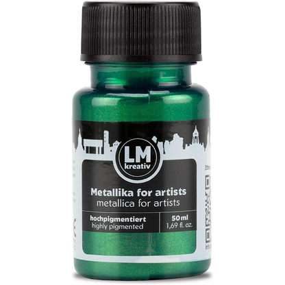 LM Kreativ Metallika for Artists Metallic-Acrylfarbe in Gruen, 50 ml Flasche, hochpigmentiert mit schimmerndem gruenem Metallic-Effekt fuer dekorative Oberflaechen
