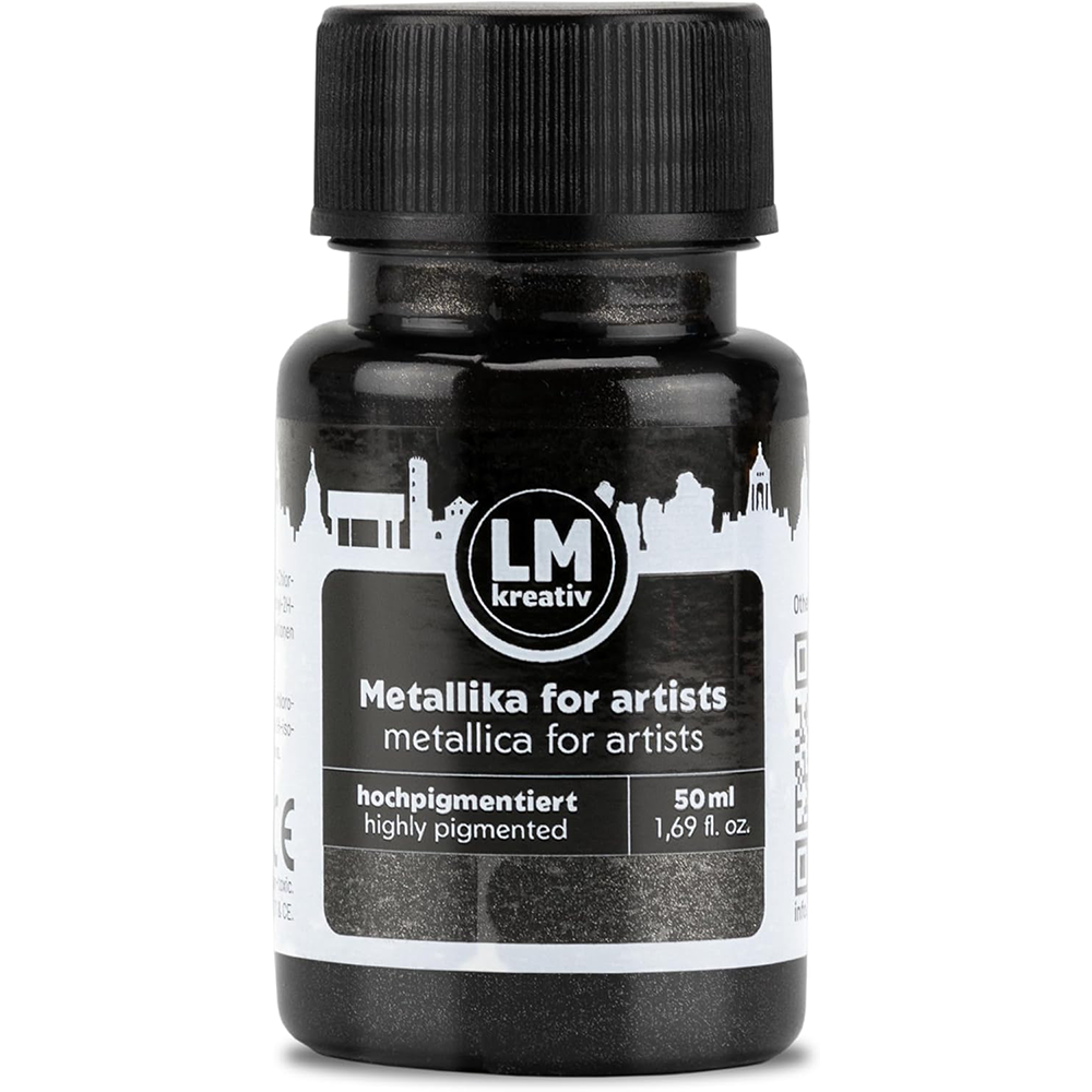 LM Kreativ Metallika for Artists Metallic-Acrylfarbe in Schwarz, 50 ml Flasche, hochpigmentiert mit tiefem schwarzem Metallic-Schimmer fuer kontrastreiche Gestaltungen
