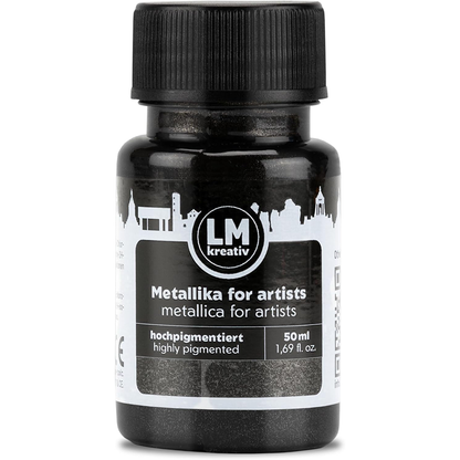 LM Kreativ Metallika for Artists Metallic-Acrylfarbe in Schwarz, 50 ml Flasche, hochpigmentiert mit tiefem schwarzem Metallic-Schimmer fuer kontrastreiche Gestaltungen