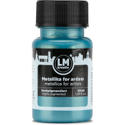 LM Kreativ Metallika for Artists Metallic-Acrylfarbe in Tuerkis, 50 ml Flasche, hochpigmentiert mit leuchtendem tuerkisfarbenem Metallic-Schimmer fuer kreative Highlights