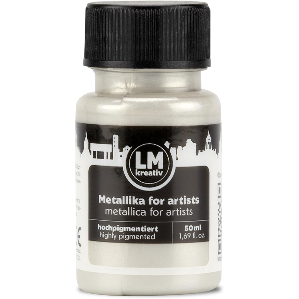 LM Kreativ Metallika for Artists Metallic-Acrylfarbe in Weiss, 50 ml Flasche, hochpigmentiert mit hellem weissem Metallic-Schimmer fuer vielseitige Gestaltungen